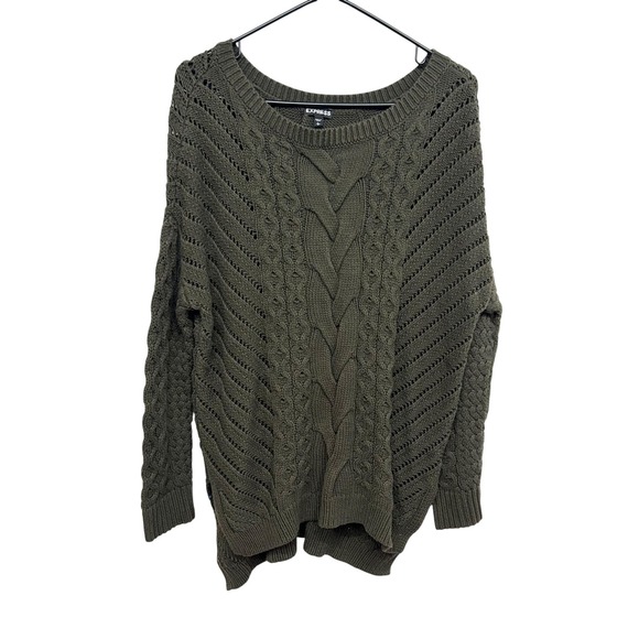 Express Olive Green Cable Knit Oversized Tunic Sweater Women's Large L - Picture 1 of 5